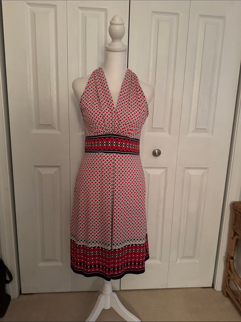 Max Studio Red and White Halter Print Midi Dress